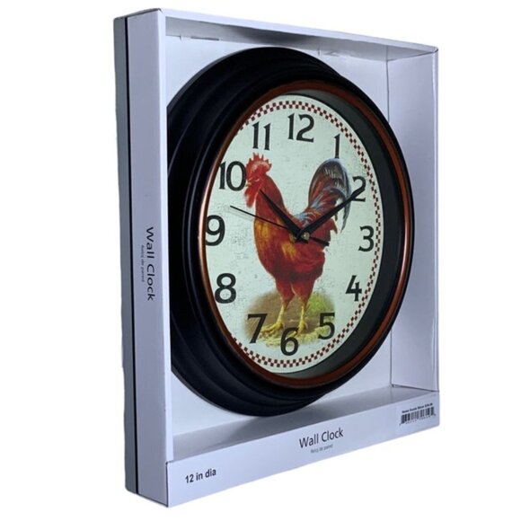 Clock Farmhouse Rooster Quartz Analog Primitive Wall Hanging 12 in Round Black - Picture 3 of 12